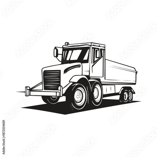 Monochrome Illustration of a Large Heavy Duty Dump Truck Industrial Vehicle