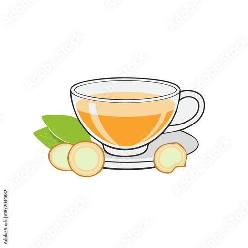 Clear cup of ginger tea with fresh ginger slices herbal remedy infusion