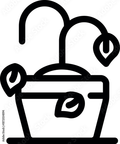 Simple black and white line art icon representing a dying potted plant with falling leaves, symbolizing neglect, lack of care, or difficult growing conditions