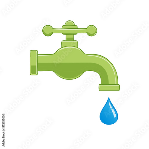 Green faucet with blue water drop. Water conservation concept illustration
