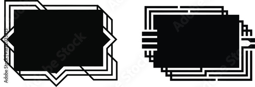 Geometric frames in Art Deco style, a set of two black and white banners with complex layered line borders and a solid black background for text, ideal for modern graphic design projects
