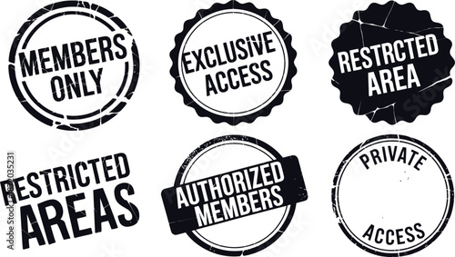 Access stamps collection of six black grunge seals with vintage designs for members only, exclusive access, and restricted area signs, including a private access template for security
