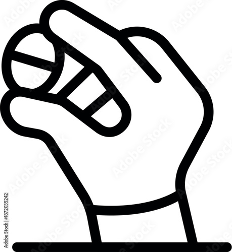 Simple black and white icon of a hand holding a round pill and a capsule, representing medicine, healthcare, and pharmaceuticals