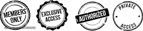 Access stamps collection of four circular black rubber seals with vintage designs and text like members only exclusive access authorized and private for restricted content
