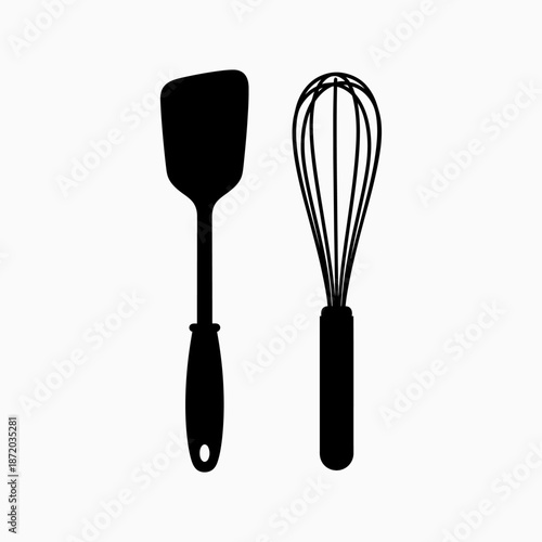 Kitchen Spatula and Whisk Silhouette Vector Icon. Cooking Utensils Graphic Design.