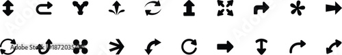 Arrows icon collection featuring a diverse set of black silhouette glyphs with different directions including up down left right refresh reload and navigation symbols for user interface
