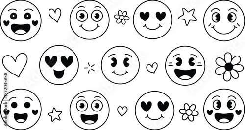 Emoticons and doodle elements hand drawn faces hearts flowers and stars illustrating varied emotions for playful and cute designs.
