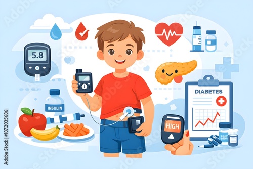 Flat vector illustration of childhood type-1 diabetes child with insulin pump friendly medical style 