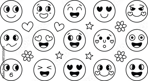 Emoticons diverse hand drawn cartoon faces displaying varied emotions happiness love and playful decorative elements like hearts stars and flowers.
