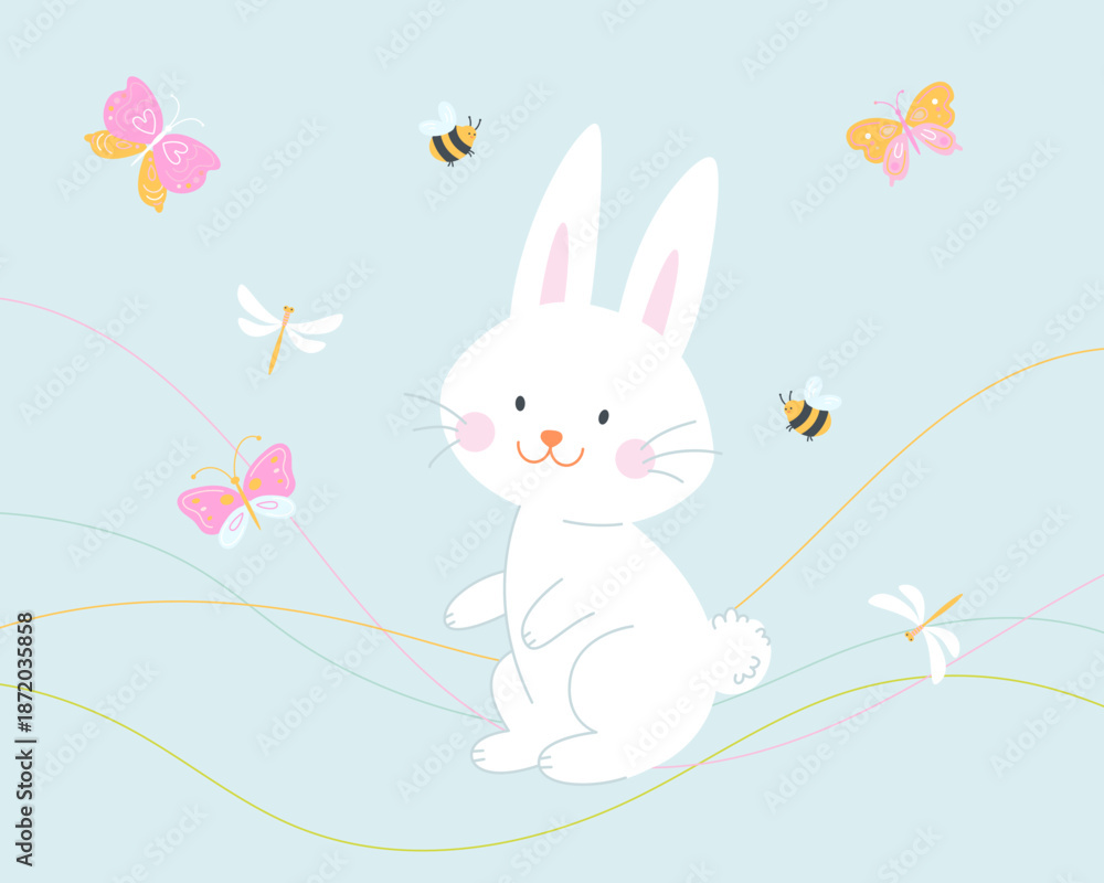 Obraz premium Cute bunny surrounded by butterflies, bees, and a dragonfly. Sweet nature-inspired illustration perfect for spring, Easter, kids designs, and cheerful greeting cards.