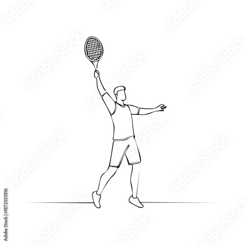 Tennis Player Line Art Ready to Serve with Racket Raised for Powerful Forehand Isolated on White