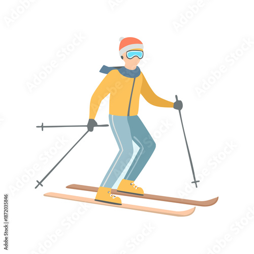 Man skiing down snowy hill, wearing ski gear and winter clothing,  enjoying recreational activity in cold outdoors