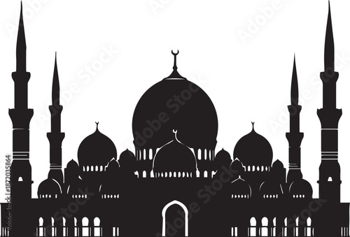 Silhouette of a grand mosque with domes and minarets against a white background