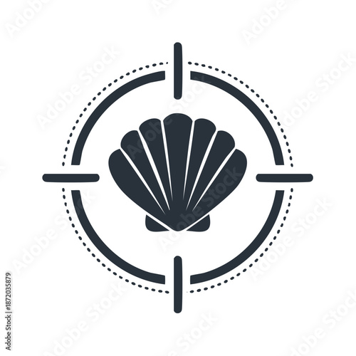 Scallop shell in targeting crosshairs, vector illustration for seafood focus or ocean conservation