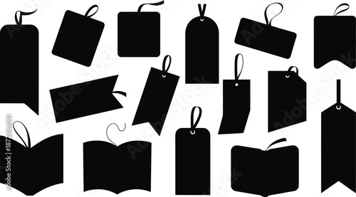Tags diverse black silhouette vectors illustrating price, gift, and promotional labels with varied shapes, orientations, and string attachments for retail and branding.
