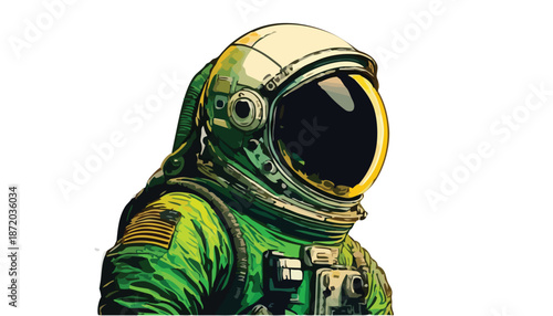 Detailed Illustration of an Astronaut in Green Spacesuit and Helmet.