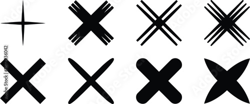 Cross shapes diverse black vector graphics displaying varied line thickness multiple strokes and geometric forms for marking and symbols.
