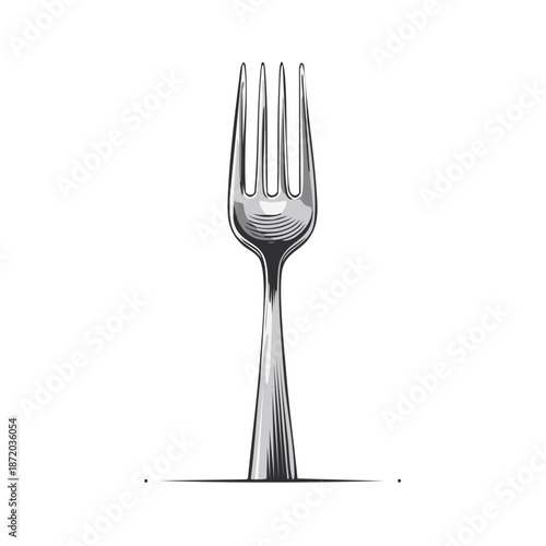 Engraved silver fork.  Elegant tableware object.  Metallic utensil illustration. Detailed silverware art.