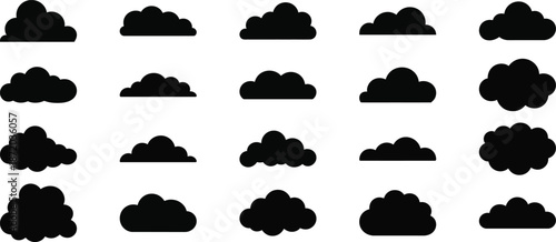 Clouds collection of diverse black silhouette shapes, illustrating various atmospheric formations and weather elements as stylized graphic icons.
