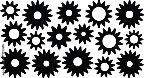 Gear shapes in various sizes, presented as black silhouettes, illustrating diverse mechanical cogwheel components and industrial design elements.
