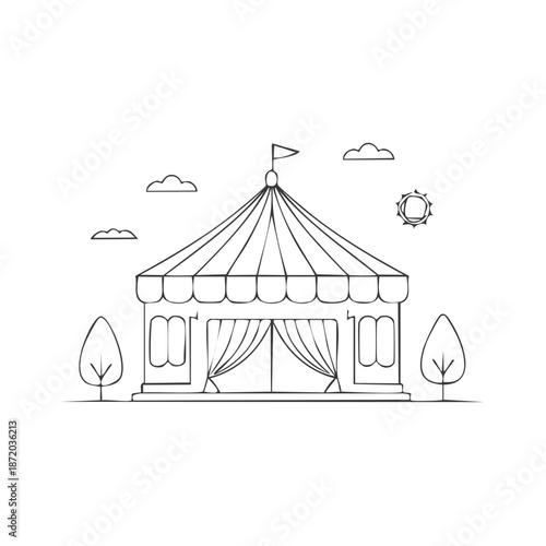 Whimsical Circus Tent Outline: Simple Carnival Design with Trees, Clouds, and Sun in Minimalist Style