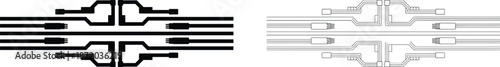Abstract Parallel Line Patterns depicting Symmetrical Interconnections and Circuitry-like Designs with Distinct Node Variations in Grayscale.
