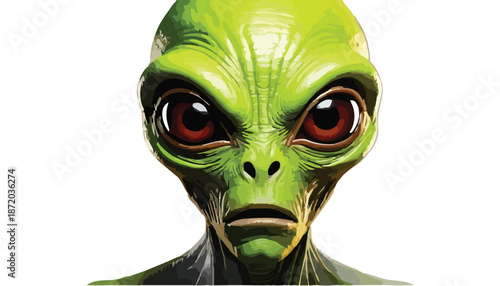 Close-up of a Green Alien Face with Large Eyes.