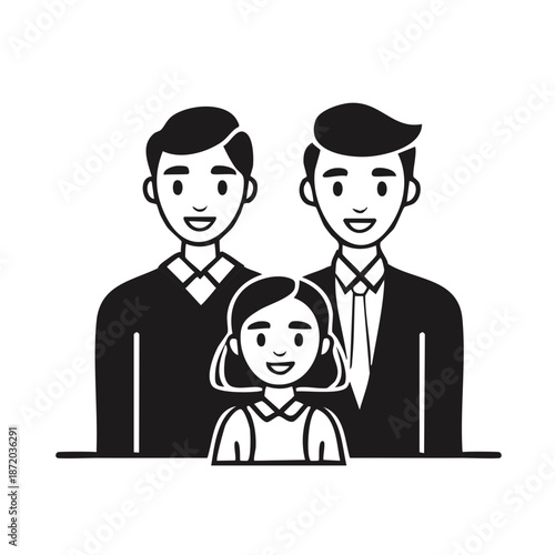 Homosexual family portrait. Two men and a girl, monochrome drawing. Gay couple together with their daughter. Parenting and adoption.