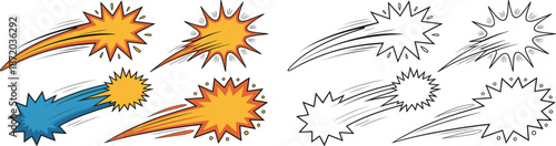 Starburst graphic elements depicting speed, impact, and energy bursts with colored and outlined variations, featuring dynamic motion lines and explosive shapes.
