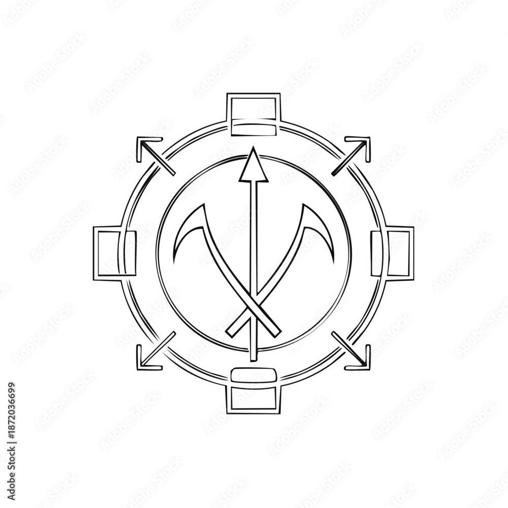 Fototapeta premium Abstract Circular Symbol with Arrows and Scythes A Black and White Emblem