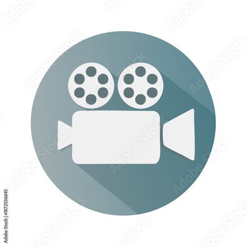 Retro movie camera symbol inside a circle with long shadow, vintage cinema icon, filmmaking equipment concept, video projector illustration