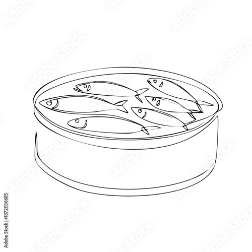Canned Sardines Drawn in Continuous Single Line Style Seafood Still Life