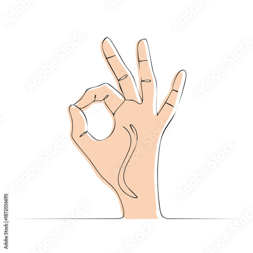 Hand gesture showing OK sign in single continuous line art illustration in minimal style