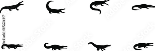 Alligator Silhouette Vector Assortment Reptilian Graphics Variety Croc Illustrations Set Predatory Animal Black Shape Designs Swamp Creatures Vector Outlines
