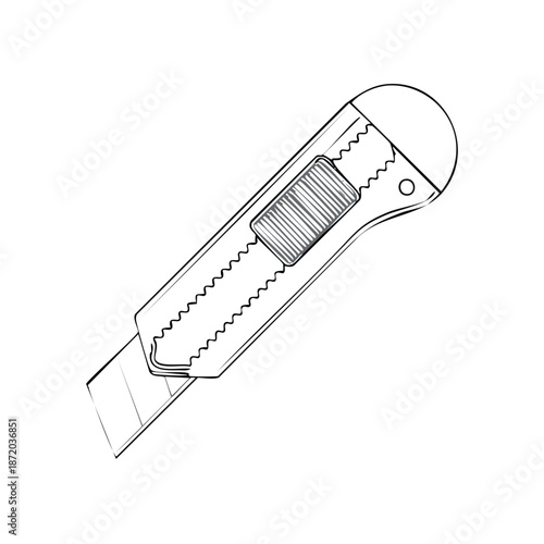 Utility knife hand drawn illustration on white background, sharp blade, tool for repair and cutting