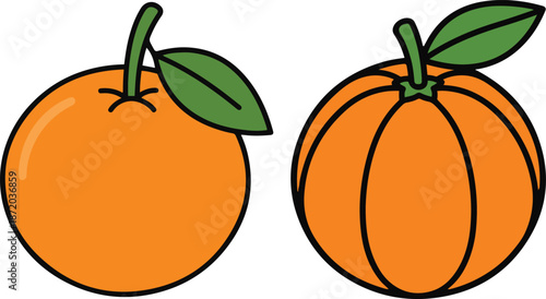 Vector illustration set of two citrus fruits, a smooth orange and a ribbed tangerine or mandarin, both featuring green leaves and stems in a cartoon style, isolated on a white background.
