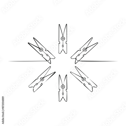 Abstract clothesline art, clothespins in a circle, laundry drying on a line, doodle style drawing with simple black and white design