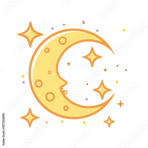 Crescent moon with face and stars icon, cartoon style astrology symbol, celestial body