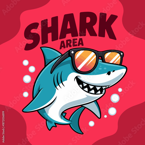 A cool shark wearing sunglasses portrays an adventurous spirit and carefree attitude, making this vibrant and humorous illustration perfect for summer vibes and fun.