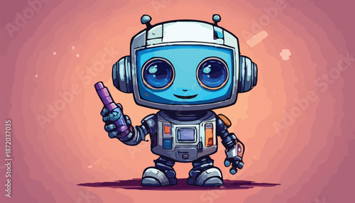 Cute Cartoon Robot Holding a Marker with a Cheerful Expression.