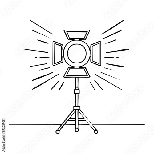 Studio Lighting Equipment on Stand with Rays Radiating Outward in Line Art