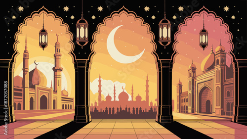 An artistic depiction of an exotic landscape showcasing beautiful Islamic architecture against a stunning sunset, reflecting cultural beauty and historical significance.