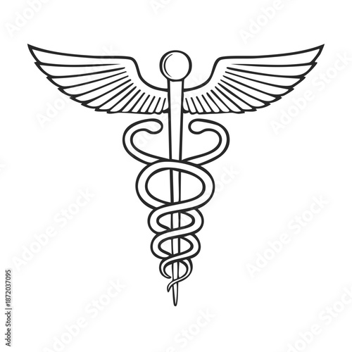 Caduceus medical symbol vector illustration featuring intertwined snakes and wings for health and healing concepts