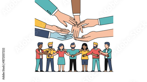 Illustration of diverse people standing in a line with their arms around each other, forming a support system with hands stacked on top in a symbol of unity and teamwork against a white