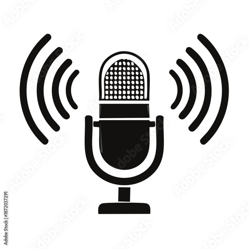 Retro microphone emitting sound waves illustration for broadcasting recording and podcasting, simple vector graphic on white