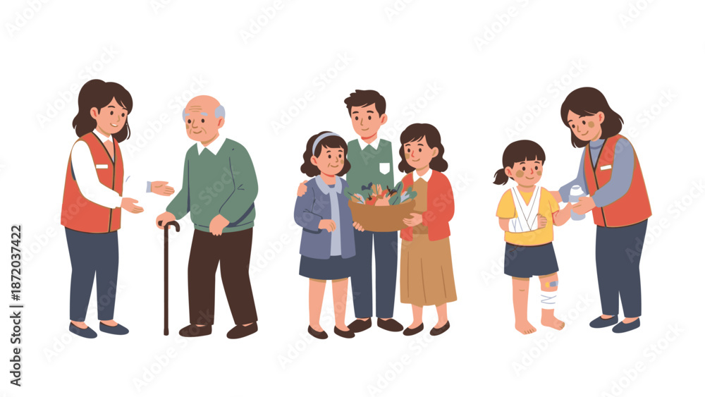 Obraz premium Illustration of diverse people standing in a line, receiving and giving support with a subtle gradient background conveying a sense of community and social connection.