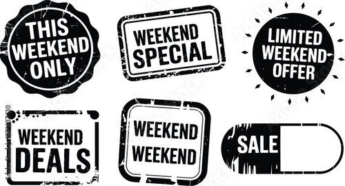 Weekend Sale Stamps Vector Set Black Grunge Style Weekend Special Limited Offer Deals and Discounts
