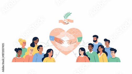 Diverse group of people standing together in support system with a large heart and clasped hands above, conveying unity and solidarity in a colorful, flat illustration with a clean white