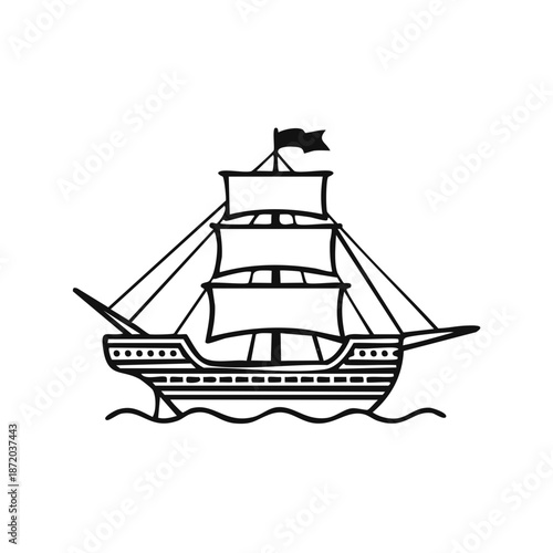 Sailing Ship Black and White Illustration: Tall Masted Vessel on Water Waves Simple Graphic