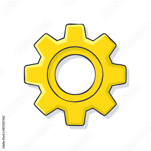 Solitary Yellow Gearwheel Icon Illustration With Black Outline On White Background, Cogwheel, Mechanical Component for Engineering